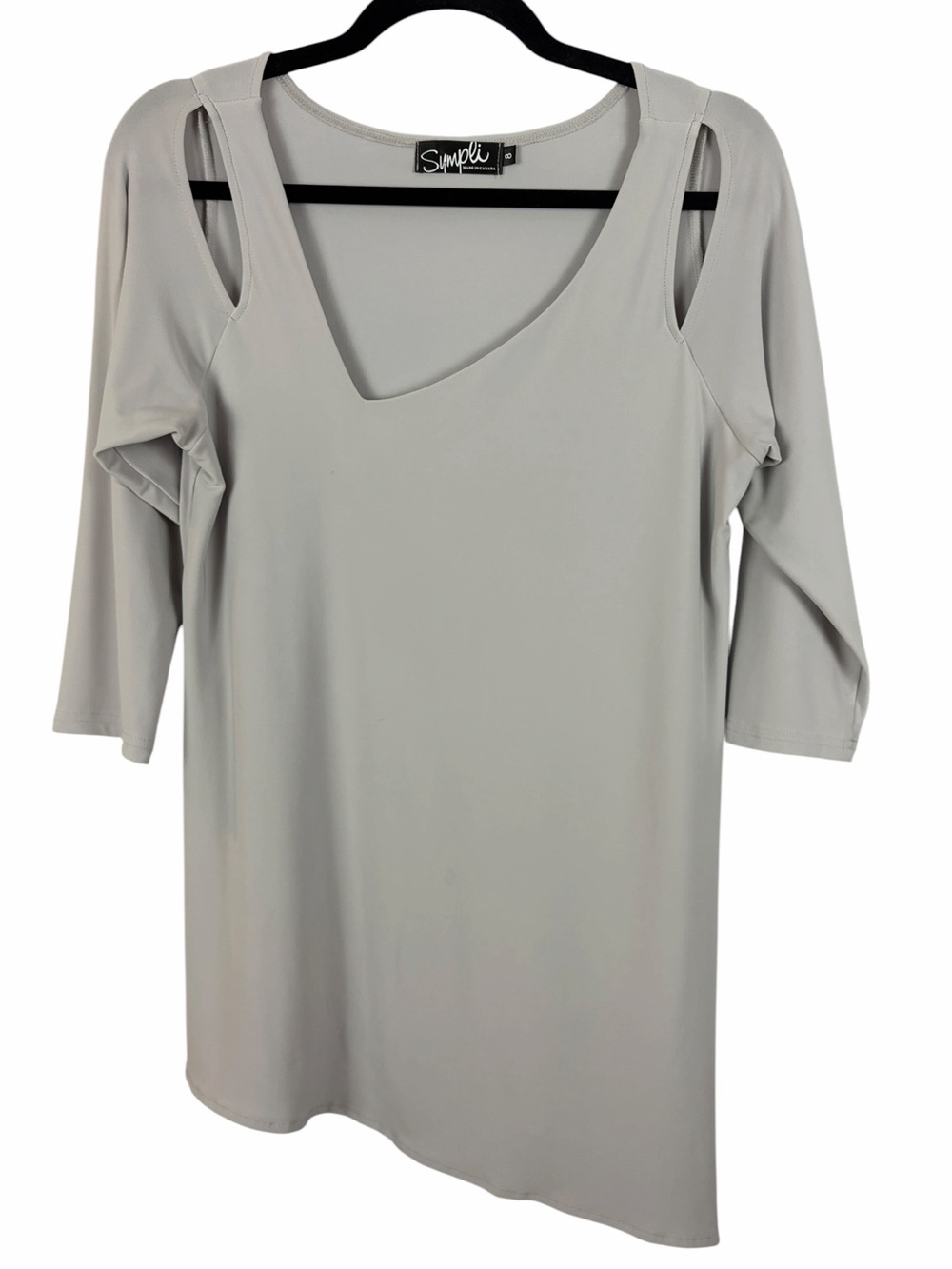 Sympli Dove Grey Cold Shoulder Asymmetrical Tunic Top Size 8 Made in Canada
